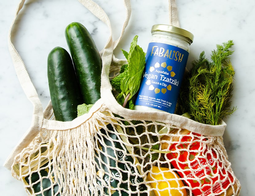 Groceries and produce in a reusable bag