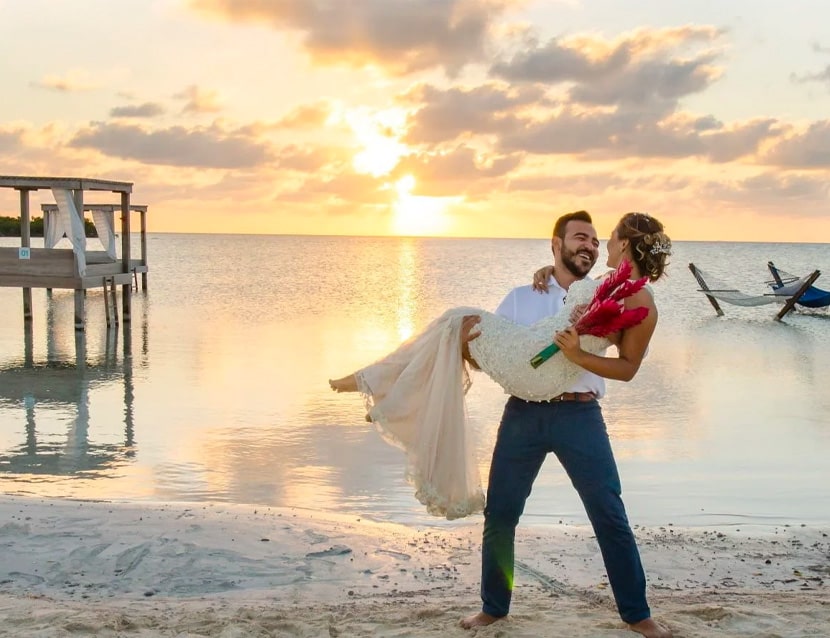 Happy wedding couple at the Beach Club