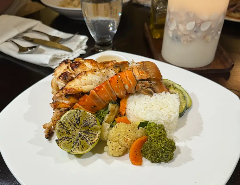 Lobster dinner at the Verandah fine dining restaurant by Mahogany Bay Resort San Pedro Ambergris Caye Belize